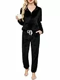 Wikoan Flanell Schlafanzug Damen Lang Winter Pyjama Fleece Schlafanzug mit Reißverschluss Ausschnitt Hausanzug Damen Kuschelig Zweiteiliger Pijamas Schwarz XL