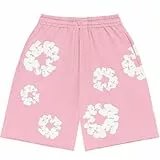 Generisch Shorts Herren Sommer Blume Unisex Y2K Hip Hop Strandshorts mit Taschen Kurze Hose Beach Shorts mit Kordelzug und Taschen Blumendruck Elastische Taille Sportshorts (001 Rosa, S)