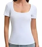 OYIGELZ Tshirt Damen Quadratischer Ausschnitt T-Shirt Eng Basic Top Einfarbig Kurzarm Shirt(Weiß-F1,S)
