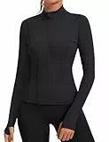 Rapbin Damen Laufjacke Sport Oberteil Sportjacke Langarm Gym Tops Atmungsaktive Leichte Trainingsjacke für Yoga Gym Fitness Mit Daumenloch und Seitlichem Reißverschluss(Schwarz,L)