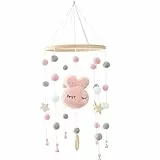 ikasus Babybett Mobile Windspiel Rassel Spielzeug, Kinderbett Filzball Mobile,Neugeborenen Kinderzimmer Hängende Bettglocke Holz Pom Pom Mobile Ornament für Kinderbett Baby Mädchen Jungen