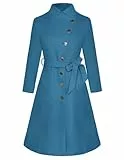GRACE KARIN Damen Mantel Wintercoat Revers Zweireihiger Mantel Trenchcoat Winter A-Linie Outwear mit Gürtel Seeblau 2XL