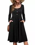 Beluring Tunika Kleid Damen Lässig Rundhalsausschnitt Midikleid Langarm Kleider mit Taschen Schwarz L