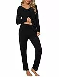 Bresdk Schlafanzug Damen Lang Baumwolle Pyjama Winter Langarm Loungewear Set Nachtwäsche V Ausschnitt, Schwarz, L