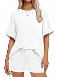 Tankaneo Schlafanzug Damen Kurz Zweiteiliger Pyjama Set Rundhals Kurzarm Sommer Nachtwäsche Locker Lässig mit Kordelzug Weiß M