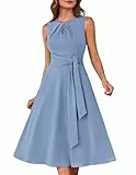 GRACE KARIN Ärmelloses Midikleid für Damen elastisches Rundhalskleid Plissiertes Cut-Out mit Gürteltaschen Blaugrau L