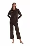 Dagi Women's Dark Brown Boat Collar Basic Regular Fit T-Shirt & Trousers Pyjama Set, Dark Brown,L