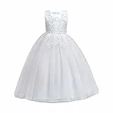 Blume Kleine Große Mädchen Spitze Stickerei Tüll Pailletten Kleid Prinzessin Festzug Geburtstag Party Erste Kommunion Hochzeit Brautjungfer Formale Boden Lange Tanz Abend Maxi Kleid, weiß, 4-5 Jahre