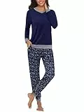 Aseniza Schlafanzug Damen Lang Pyjama Winter Set Langarm Baumwolle Zweiteilige Nachtwäsche Sterne Süß Sleepwear Blau M