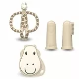 Matchstick Monkey Beißring Starter Set 3 teilig - Baby Zahnungshilfen - für wundes Zahnfleisch - Silikon - BPA-Frei - Beißring Tiermotiv, Beißring Gesicht, Fingerzahnbürsten - Gigi Giraffe