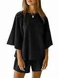 Imily Bela Schlafanzug Damen Kurz Rundhals Pyjama Set Sommer 3/4 Ärmel Lounge Set Locker Lässig(Schwarz,L)