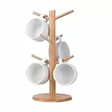 FOSFUKEER Kaffeetassenhalter, Bambustassenbaum mit verdickter Basis, Kaffeetassenhalter, Thekentassenhalter, Kaffeetassenhalter, Aufbewahrungsbox mit 6 Haken (Primärfarbe)