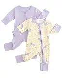 JiAmy Baby Schlafanzug aus Bambusfaser 2er Pack, Unisex Strampler mit 2-Wege-Reißverschluss, umklappbaren Fäustlingen & Füßen, atmungsaktiv und leicht Lila Einhorn 0-3 Monate