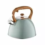 FLORINA Wasserkessel (2,5 l) I Edelstahl Teekessel FRANK I Flötenkessel mit Holzgriff I Automatischer Pfiff I Wasserkocher für Induktionsherd, Gasherd und Elektroherd I Farbe: grün matt