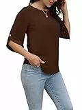 Oneezit T-Shirts für Damen Kurzarm Oberteile 3/4 Ärmel T-Shirt mit Rundhal Loose Casual Sommer Tops Frauen Blusen braun, Large