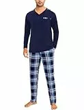 Litherday Schlafanzug Herren Lang Pyjama Baumwolle Winter Kariert Zweiteiliger Langarm T-Shirt Pyjamahose Nachtwäsche für Männer