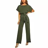 GOTOTOP Damen O-Ausschnitt Kurzarm Lang Jumpsuit Elegant Weite Bein Overall Romper Playsuit Hosenanzug mit Gürtel(XL-Grün)
