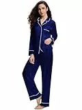 Damen Seide Schlafanzug Pyjama Blau Large