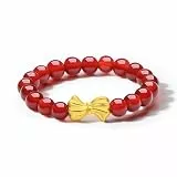 ZHOU LIU FU 24K 990 Gold Fingerring Schmetterling Bug Rotes Achatperlen Ring Verstellbarer Gold Stretch Achat Perlen Ring Schmuck mit Geschenkbox für Frauen Lady Liebhaber A0112543