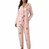 Dwevkeful Schlafanzug Damen Lang, Langarm Langhose Winter Pyjama aus Baumwolle | Warmer Hausanzug mit Weiten | Kuscheliger Pyjama für Kalte Nächte, Rosa, L