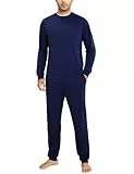 Aseniza Schlafanzug Herren Lang Baumwolle Pyjamaset mit Unifarbenem Langarmshirt und Pyjamahose mit Bündchen Dunkelblau, M