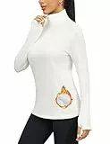 Terecey Wandershirt Langarmshirt Damen Langarm Sport T-Shirts Leicht 1/4 Reißverschluss Funktionsshirt Atmungsaktiv UPF 50+ UV Tshirt mit Daumenloch fur Outdoor Tennis Golf, Weiß L