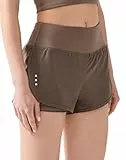 LOS OJOS Sport Shorts Damen - 2 in 1 Workout Shorts - Yoga Shorts für Frauen mit Taschen für Yoga, Laufen und Training, Khaki, XL