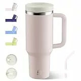 Riley Joy 1200ml Trinkflasche mit Strohhalm & Anti-Rutsch Griff, Auslaufsicherer Thermobecher BPA Frei Doppelwandige Isolierung für Auto, Büro, Outdoor (Pastellrosa)