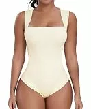 STARBILD Shapewear Damen Bauchweg Tanga, Bodysuit Eng Nahtlos Ärmellos, Formende Bodys Gerippte Jumpsuit Thong, Eckigem Ausschnitt - Weiß M