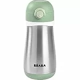 Béaba, Trinkflasche aus Edelstahl für Kinder, 2-in-1, Trinkflasche/Glas, Push-Knopf erleichtert das Öffnen, robust, gesund, abnehmbare Griffe, Edelstahl, 350 ml, Salbeigrün