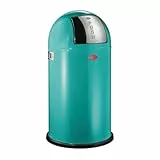 Wesco Pushboy Mülleimer in der Farbe türkis, pulverbeschichtetes Stahlblech, 50 Liter Volumen, große Edelstahlklappe, herausnehmbarer Innenbehälter
