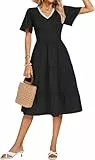 Kate Kasin Damen Fließendes Midikleid V-Ausschnitt Kurzarm Stufenrock A-Linie Silhouette Kontrast Stoff Lässig Elegant Party Hochzeit Gastkleider Schwarz M