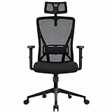 Durrafy Bürostuhl Ergonomisch, Bürostuhl, Schreibtischstuhl mit Verstellbarer Kopfstütze, Armlehnen, Lendenwirbelstütze Höhenverstellbar, 90°-130° Schaukeln, Chefsessel 150KG Belastbar, Schwarz
