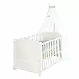 roba Babybett 70x140 cm Woodland Buddies – Umbaubares Kinderbett mit Zubehör – Inkl. Matratze, Himmel & Bettwäsche-Set 100x135 cm – Weiß/Grün – Für Babys & Kleinkinder