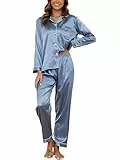 Reliwel Schlafanzug Damen Satin Schlafanzug Langarm Pyjama Set mit Knopfleiste V-Ausschnitt Zweiteiliger Nachtwäsche Weiche Pyjamas Klassische Loungewear Hausanzug Pjs