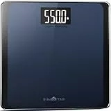 RunSTAR Digitale Personenwaage, hochpräzise Sensoren, 8 mm Sicherheitsglas, Tragkraft bis 250 kg, mit extragroßer Trittfläche und großem LCD-Display, Step-on-Technologie, blau-schwarz