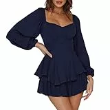 Pink Queen Damen Boho Jumpsuit Laterne Langarm Rüschenschicht Fliege Rücken Taille Mini Kleid Kurzer Strampler Marineblau L