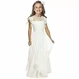 TYHTYM Blumenmädchen-Kleid, Festzug, Hochzeit, Spitzenkleid, Ballkleid, Ballkleid, Mädchen, Partykleid, Flatterärmel, Weiß Gr. 6-7 Jahre, beige