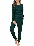 Wikoan Damen Schlafanzug Langarm Pyjama Baumwolle Lang Pyjama Set Zweiteiler Winter Schlafanzüge für Damen mit Bündchen Dunkelgrün XL