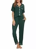Lovasy Schlafanzug Damen Lang Kurzarm Pyjama mit Knöpfen Schlafanzüge für Damen Zweiteiliger Loungewear Set mit Taschen und Kordelzug,Dunkelgrün,L