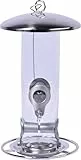 dobar® 10089 Vogelfuttersäule mit Edelstahlschlaufe - Futterstation für Wildvögel - Futterspender Acryglassilo für Sämereien - Futtertablet Stahl für Garten/Terrasse/Balkon - Ø 14 cm x 26 cm - Silber
