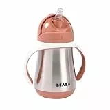 BÉABA, Trinklernbecher - 2 in 1 Babyflasche - Kindertasse mit Strohhalm - 100% dicht - Leicht zu öffnen - Abnehmbare Griffe - Tritan und Silikon - 250 ml - Terracotta