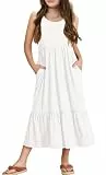 Haloumoning Mädchenkleider Sommer Ärmelloses Kleid Rundhals Tanktop Kleid Kinder Langes Freizeitkleid Sundress, Weiß, 6-8 Jahre