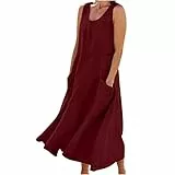SMIDOW Langes Sommerkleid für Damen, Baumwolle, Leinen, ärmellos, elegant, fließend, Übergröße, locker, bequem, mit Taschen, Groß