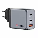 Verbatim GaN Charger 65 W, 3 Ports USB-C Ladegerät, Power Adapter mit 2 x USB-C und 1 x USB-A, Schnellladegerät als Mehrfachstecker, für Apple MacBook, Notebook, iPad, iPhone, Samsung und Co