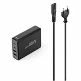 Hama 4-Fach USB GaN Ladestation Schnellladegerät 65W (Mehrfach Ladestation USB-C PD/USB A, Schnell-Ladegerät Multiport Charger mit Kabel, für MacBook/Laptop, Handy, iPhone, Samsung etc.) schwarz