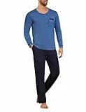 Uniexcosm Herren Schlafanzug Lang Zweiteiler Baumwolle Pyjama Set Herbst Winter Nachtwäsche Rundhals Langarm Shirt mit Pyjamahose Herrenschlafanzüge Kobaltblau M