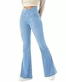 LaiEr Damen Bootcut Jeans V Crossover hohe Taille Pull on Bauch Kontrolle Skinny Yoga Hosen, Denim Hochelastischen weichen Stoff, Ausgestellt Fitness Hose mit Seitentaschen(Light Blau L)