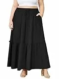 Moon Wood Damen Sommerrock Langer Rock Maxirock Stretch Hohe Taille Plisseerock mit Taschen Große Größen Schwarz 3XL