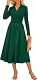 Kate Kasin Damen Rippenstrick-Polo-Kleid mit Langen Ärmeln V-Ausschnitt Reverskragen Mid-Calf A-Linien-Design für die Kirche Dunkelgrün L